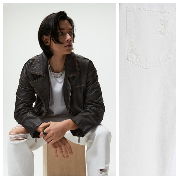 NWT. Zara Men White Tapered Relaxed Fit Ripped Jeans - Picture 3 of 14